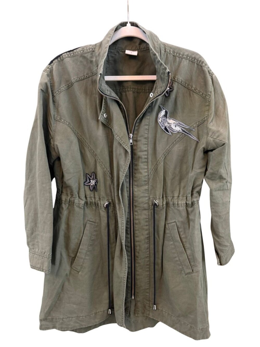 Cabi Hanson Anorak Olive Sequin Bird Utility Jacket 3371 Small
